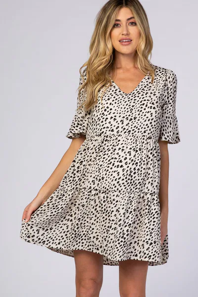 PinkBlush Beige Animal Print Ruffle Sleeve Maternity Dress