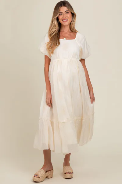 PinkBlush Cream Floral Print Ruffle Hem Maternity Midi Dress