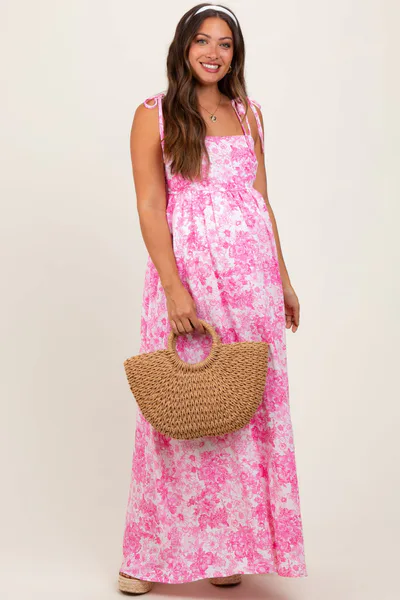 PinkBlush Pink Leaf Print Sleeveless Open Back Smocked Maternity Maxi Dress
