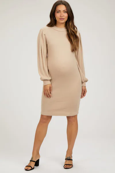 PinkBlush Beige Ribbed Long Sleeve Mock Neck Maternity Dress
