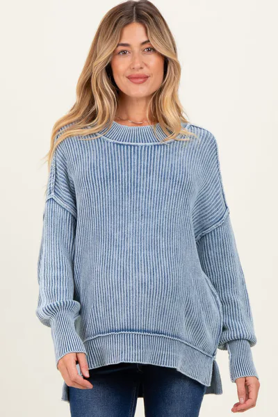 PinkBlush Classic Blue Washed Side Slit Oversized Maternity Sweater