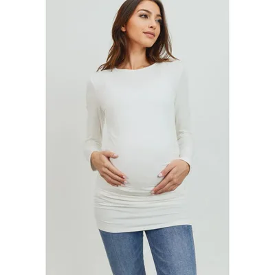 Target Hello Miz Women's Casual Crewneck Long Sleeve Side Ruched Maternity Top - Ivory - Medium