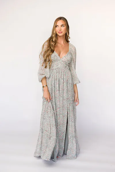 Worth Collective Daphne Long Sleeve Maxi Dress in Sage/Pink/Ivory Floral - Bump Friendly & Inclusive Sizing (XS-3XL)