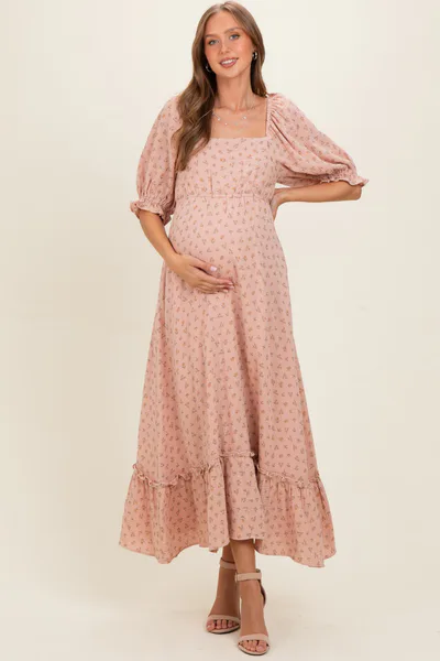 PinkBlush Mauve Floral Square Neck Maternity Maxi Dress