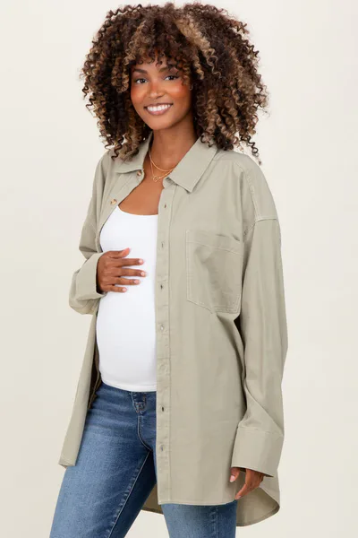PinkBlush Light Olive Chambray Button Down Maternity Top