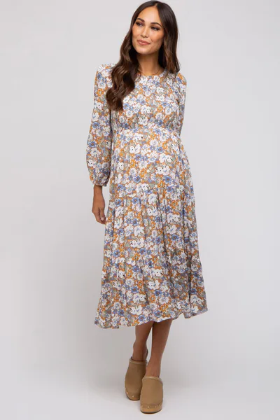 PinkBlush Taupe Floral Smocked Tiered Maternity Midi Dress