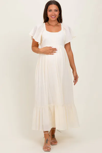 PinkBlush Cream Lace Square Neck Maternity Maxi Dress