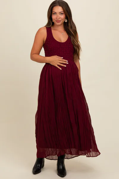 PinkBlush Burgundy Textured Smocked Bodice Sleeveless Maternity Maxi Dress