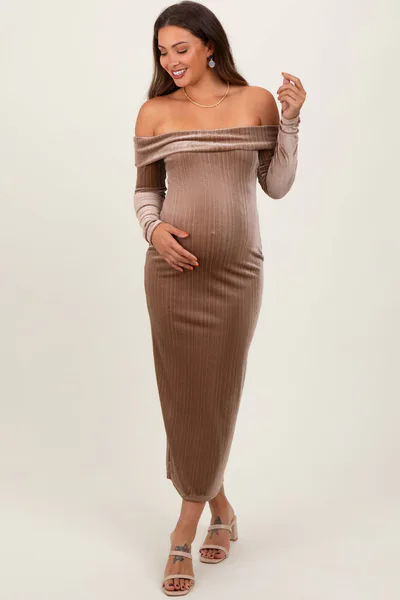 PinkBlush Taupe Shiny Velour Off Shoulder Maternity Midi Dress