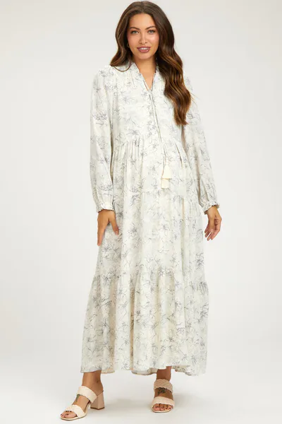 PinkBlush Gray Floral Tassel Tiered Long Sleeve Maternity Maxi Dress