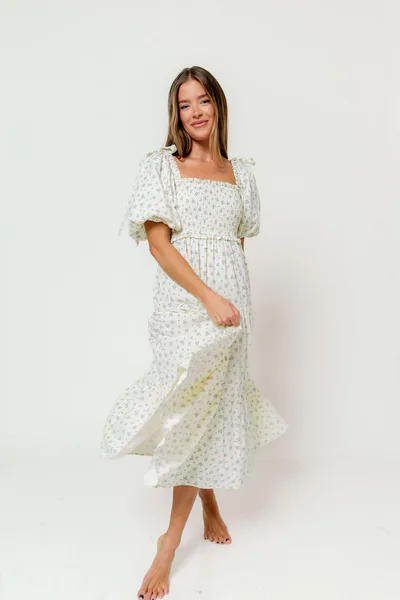 Worth Collective Elena Midi Dress in Cream/Blue Tiny Floral - Bump Friendly & Inclusive Sizing