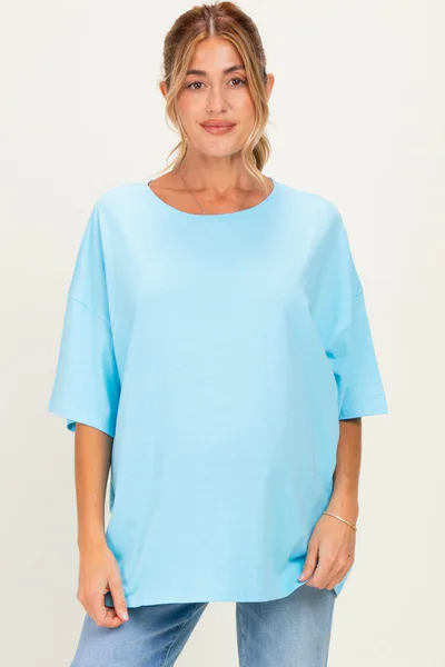 PinkBlush Sky Blue Cotton Oversized Maternity Tee