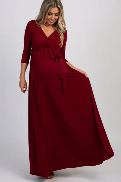 PinkBlush PinkBlush Burgundy Draped 3/4 Sleeve Maternity Maxi Dress