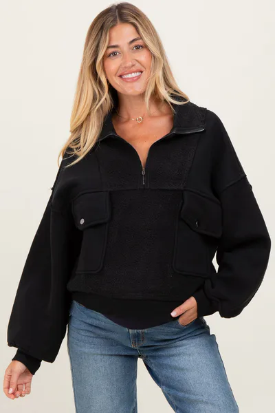 PinkBlush Black Contrast Reversed Fleece 1/4 Zip Maternity Pullover