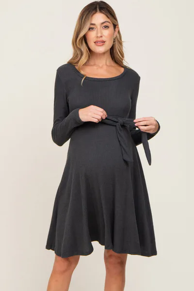 PinkBlush Charcoal Soft Rib Knit Sash Tie Maternity Dress