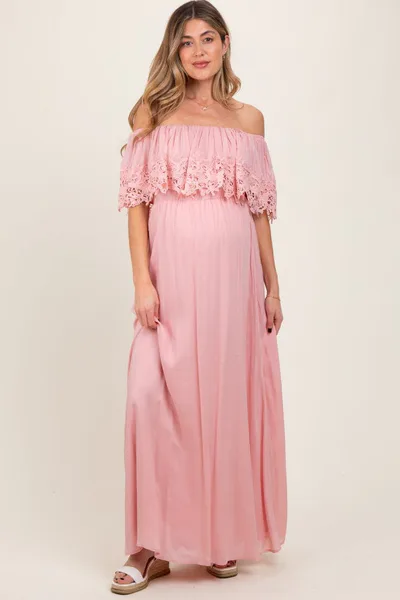 PinkBlush Pink Lace Off Shoulder Maternity Maxi Dress