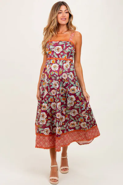 PinkBlush Burgundy Floral Contrast Print Sleeveless Maternity Midi Dress