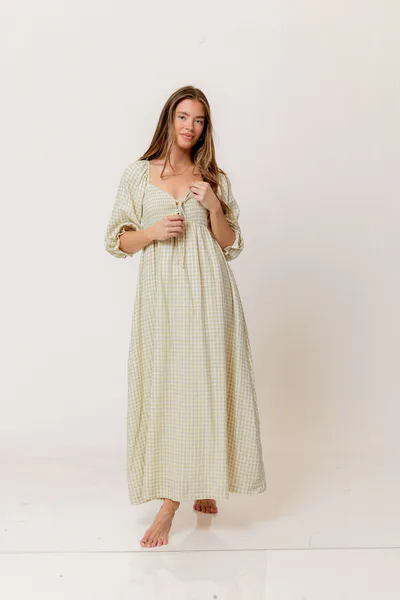 Worth Collective Cecilia 100% Cotton Smocked Maxi Dress in Green Haze Plaid (Lined) - Bump Friendly