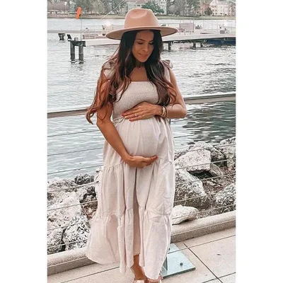 Target Pinkblush Beige Bow Strap Tiered Maternity Midi Dress Medium