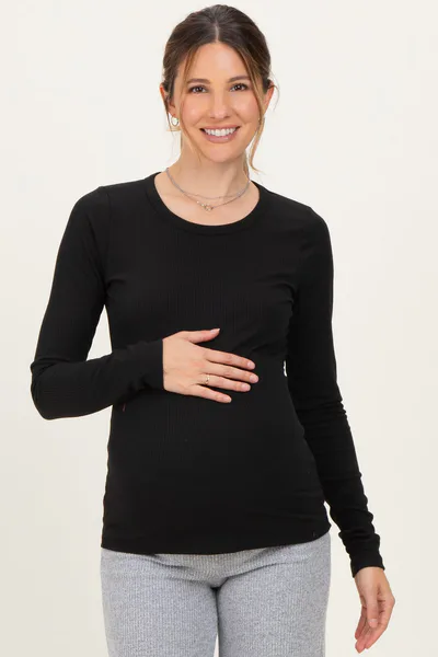 PinkBlush Black Solid Ribbed Long Sleeve Round Neck Maternity Tunic Top