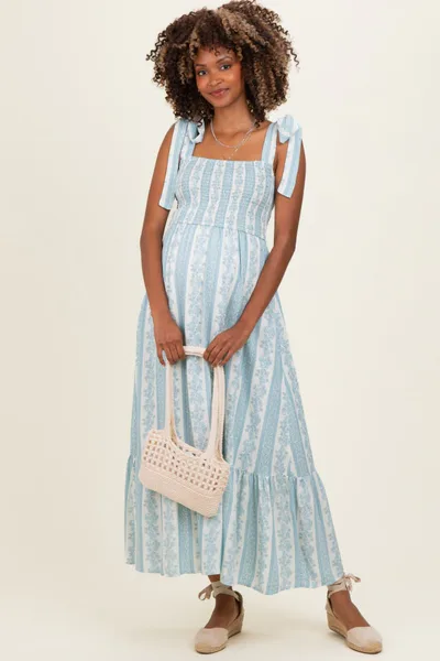 PinkBlush Sky Floral Stripe Smocked Shoulder Tie Maternity Midi Dress