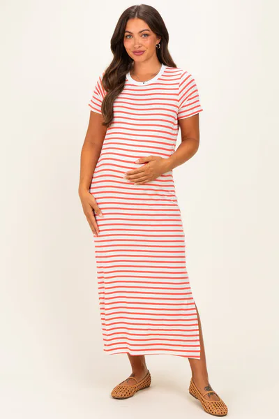 PinkBlush Coral/ Ivory Striped Short Sleeve Maternity Midi Dress