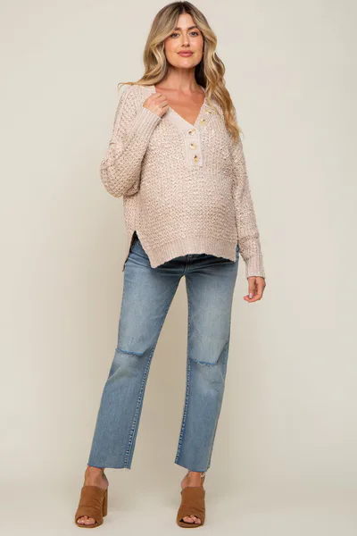 PinkBlush Beige Chunky Knit Button V-Neck Maternity Sweater