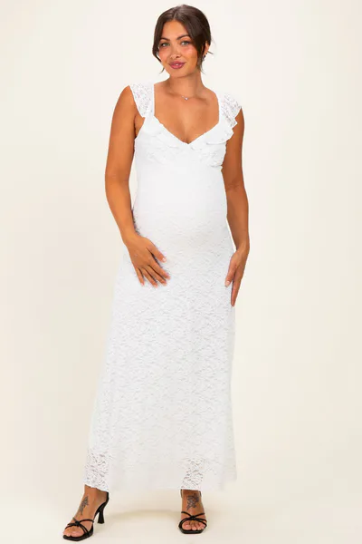 PinkBlush Ivory Textured Short Sleeve Sweetheart Maternity Maxi Dress