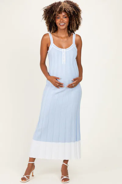 PinkBlush Sky Blue Ribbed Colorblock Sleeveless Maternity Maxi Dress
