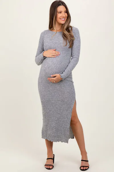 PinkBlush Heather Grey Knit Side Slit Lettuce Trim Maternity Maxi Dress