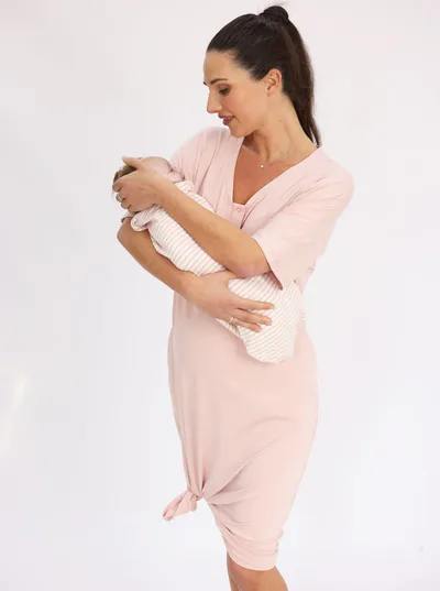 Angel Maternity Mama Hospital Nightie, Long Length with Baby Pouch in Pink