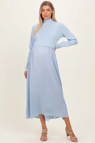 PinkBlush Light Blue Knit Contrast Top Satin Maternity Midi Dress