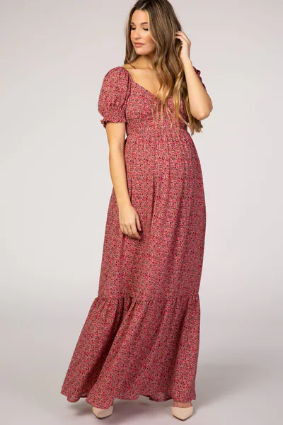 PinkBlush Pink Floral Puff Sleeve Maternity Maxi Dress