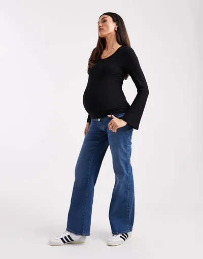 ASOS ONLY Maternity high waist wide leg jeans in mid blue