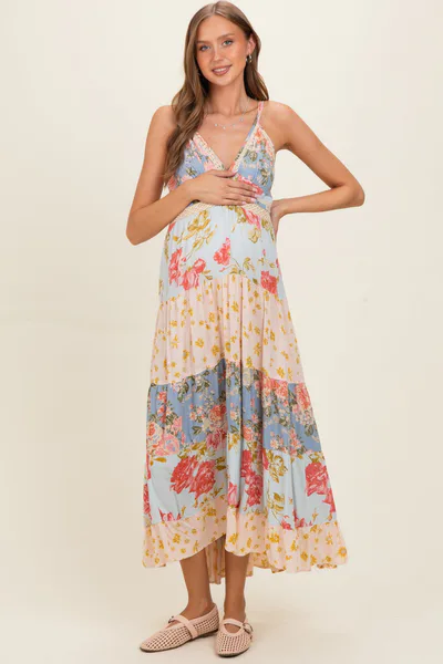 PinkBlush Multicolor Printed Lace Inset Tiered Maternity Maxi Dress