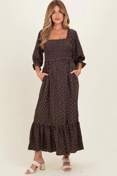 PinkBlush Chestnut Brown Floral 3/4 Sleeve Maternity Maxi Dress