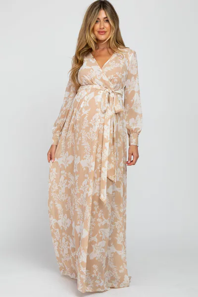 PinkBlush Taupe Floral Chiffon Maternity Maxi Dress