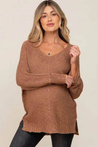 PinkBlush Mocha Chunky Knit Side Slit Maternity Sweater