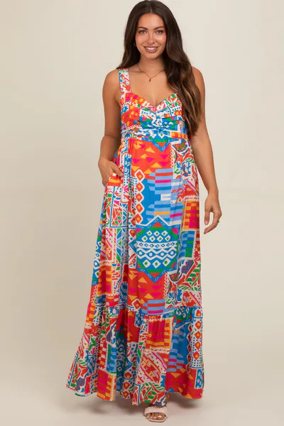 PinkBlush Blue Multi-Color Abstract Print Tiered Maternity Maxi Dress
