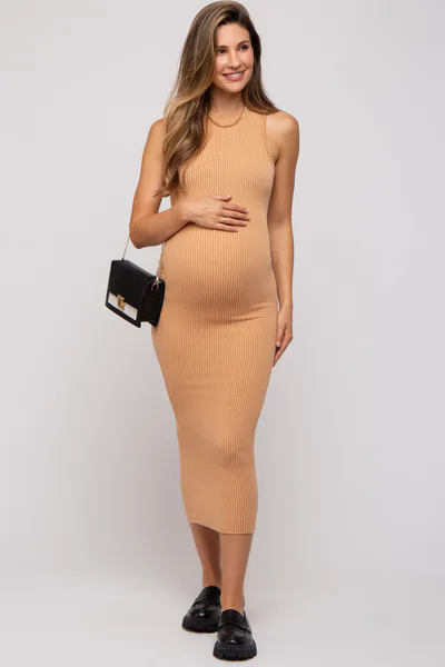 PinkBlush Camel Ribbed Maternity Fitted Midi Dress