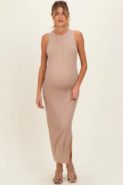 PinkBlush Latte High Neck Side Slit Maternity Midi Dress