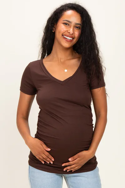 PinkBlush Brown V-Neck Ruched Side Maternity Top