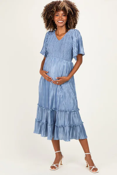 PinkBlush Blue Pleated Satin Smocked Maternity Midi Dress
