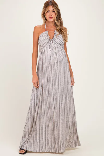 PinkBlush Taupe Printed V Neck Maternity Maxi Dress
