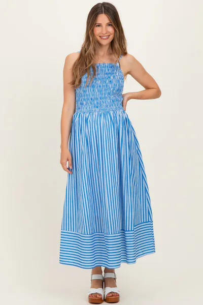 PinkBlush Blue Striped Smocked Maternity Midi Dress