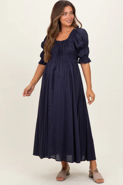PinkBlush Navy Smocked Ruffle Square Neck Maternity Midi Dress