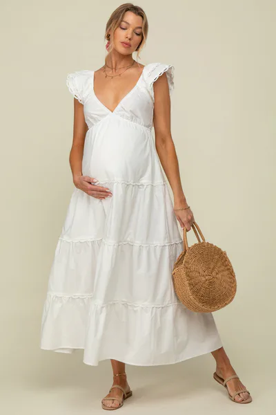 PinkBlush White Ruffle Trim Maternity Maxi Dress