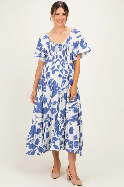 PinkBlush Blue Ivory Sweetheart Smocked Front Floral Maternity Maxi Dress