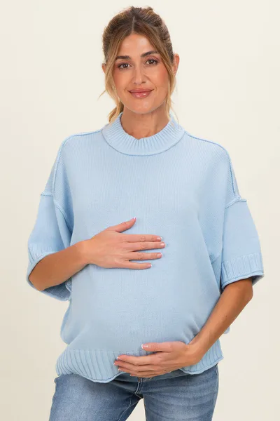 PinkBlush Light Blue Oversized Mock Neck Short Sleeve Maternity Sweater