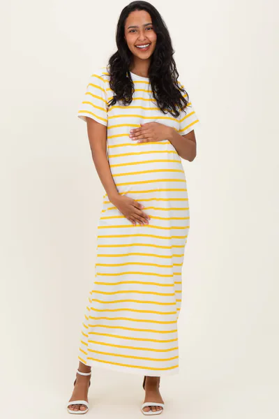 PinkBlush Yellow Striped Side Slit Maternity Maxi Dress
